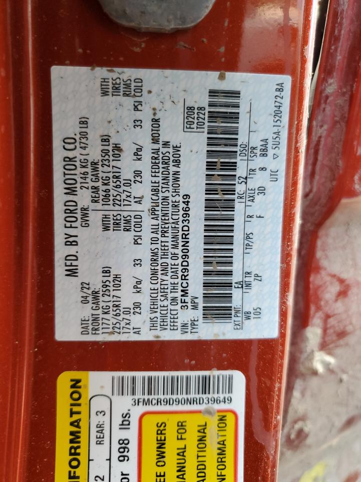 2022 FORD BRONCO SPORT BADLANDS VIN:3FMCR9D90NRD39649