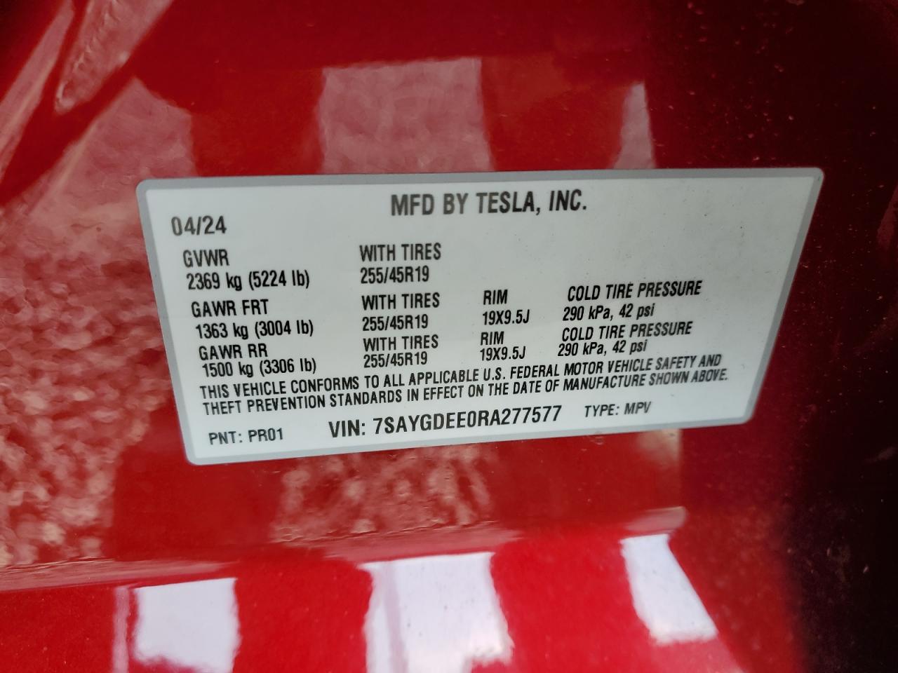 2024 TESLA MODEL Y VIN:7SAYGDEE0RA277577