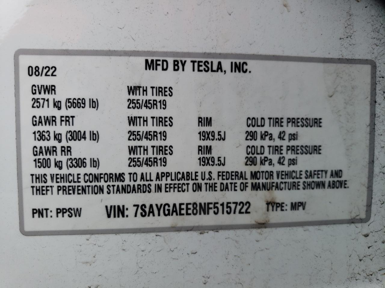 2022 TESLA MODEL Y VIN:7SAYGAEE8NF515722