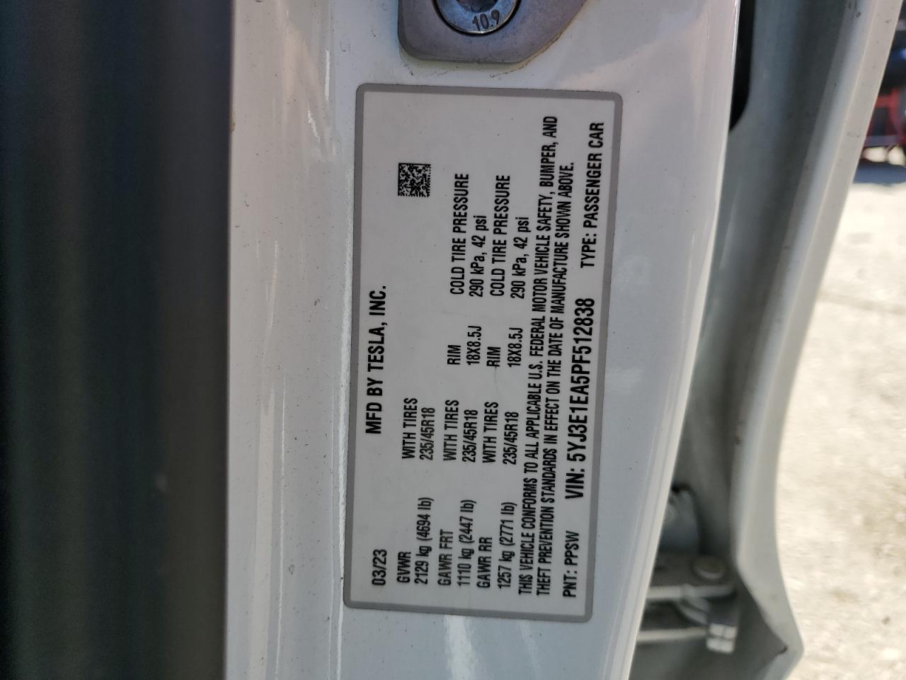 2023 TESLA MODEL 3 VIN:5YJ3E1EA5PF512838