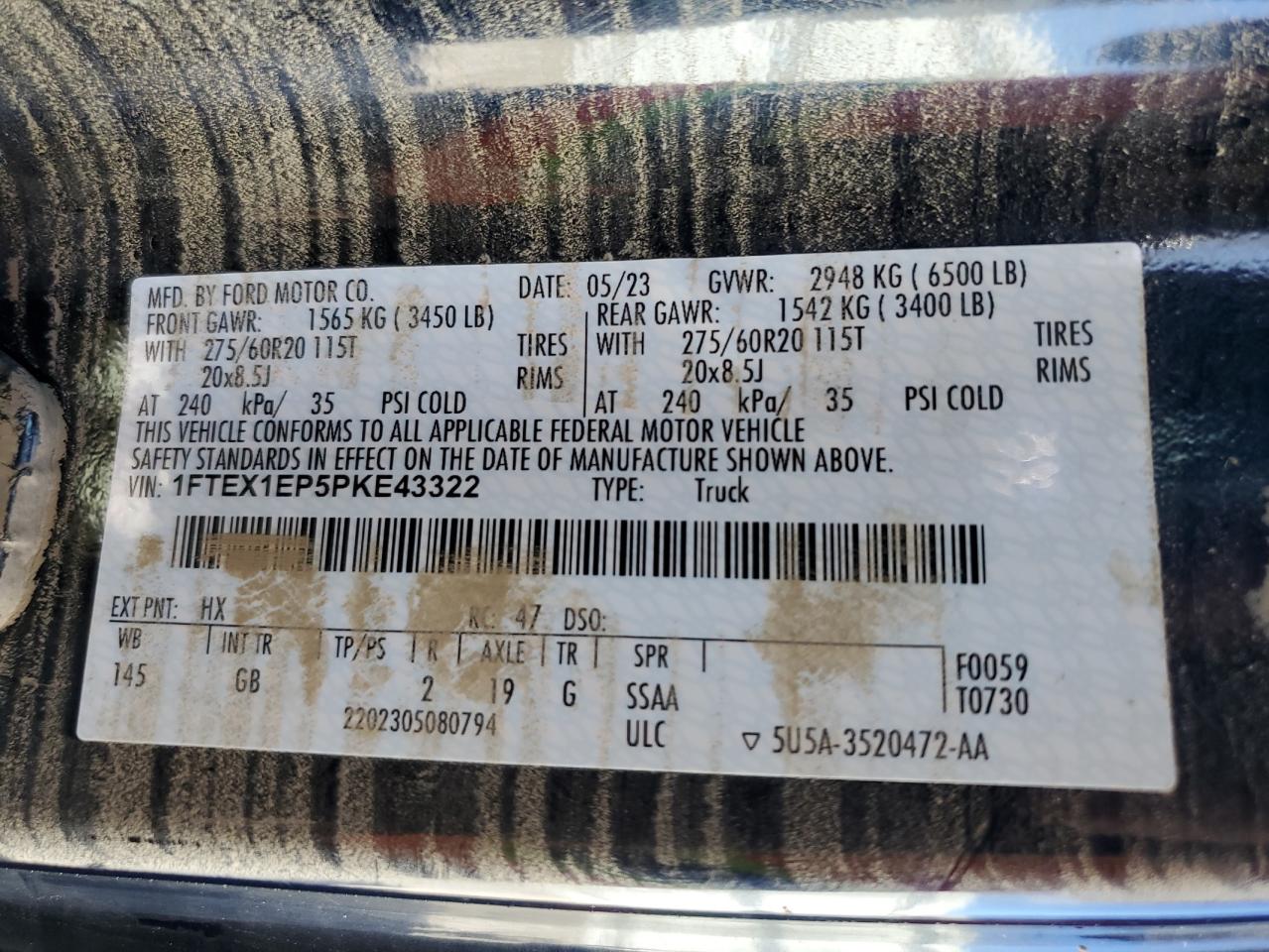 2023 FORD F150 SUPER CAB VIN:1FTEX1EP5PKE43322