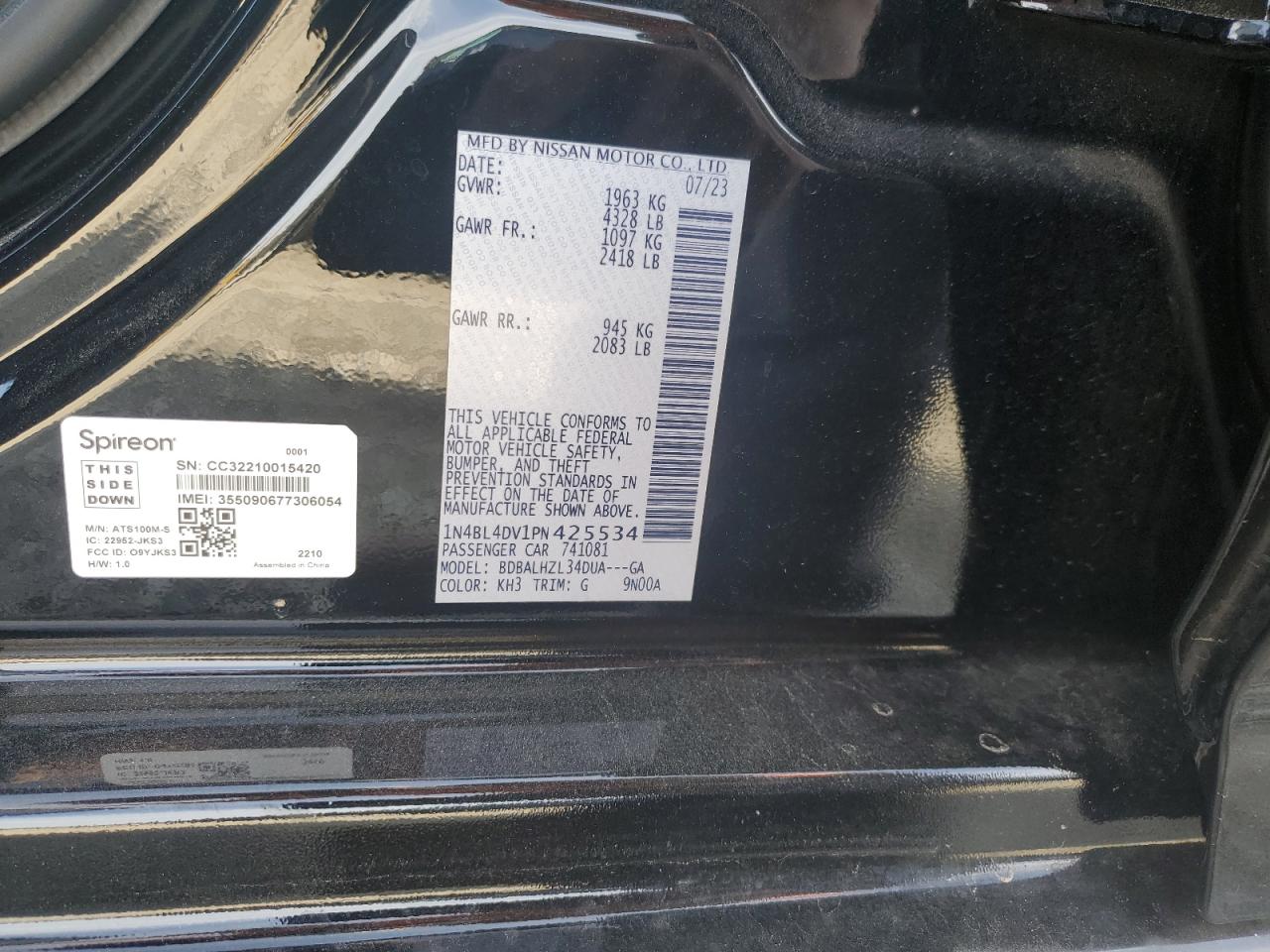 2023 NISSAN ALTIMA SV VIN:1N4BL4DV1PN425534