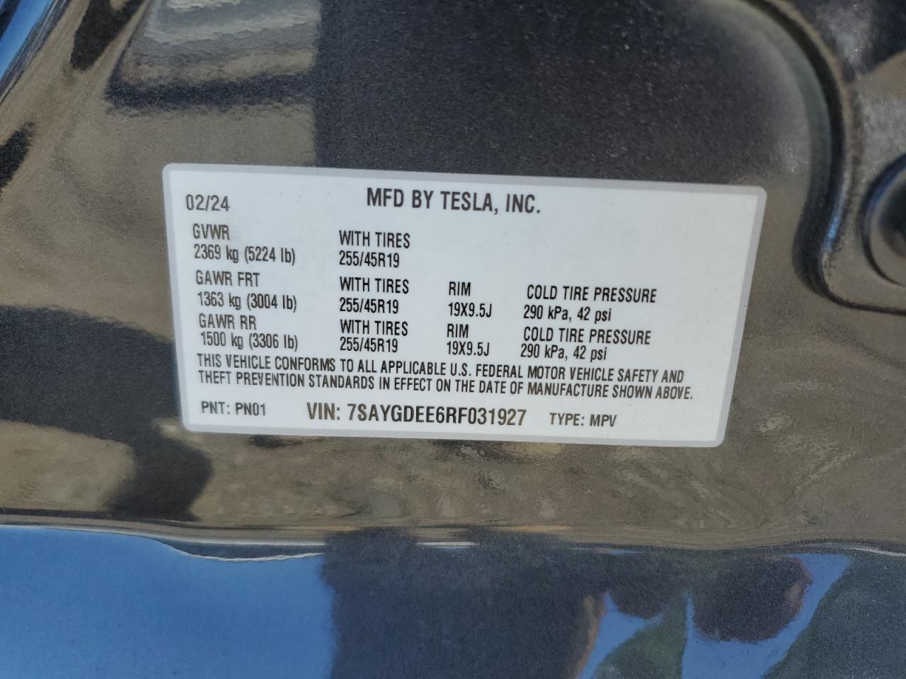 2024 TESLA MODEL Y VIN:7SAYGDEE6RF031927