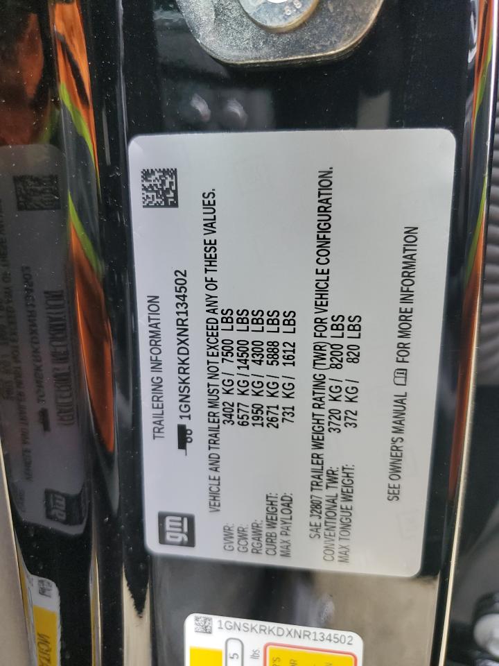 2022 CHEVROLET TAHOE K1500 RST VIN:1GNSKRKDXNR134502