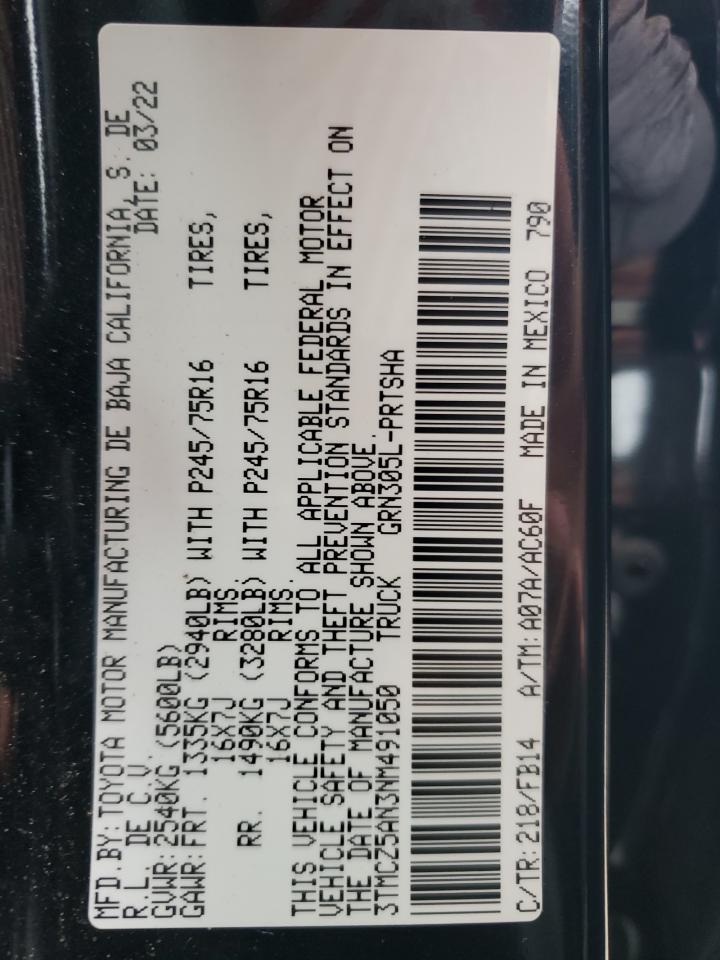 2022 TOYOTA TACOMA DOUBLE CAB VIN:3TMCZ5AN3NM491050