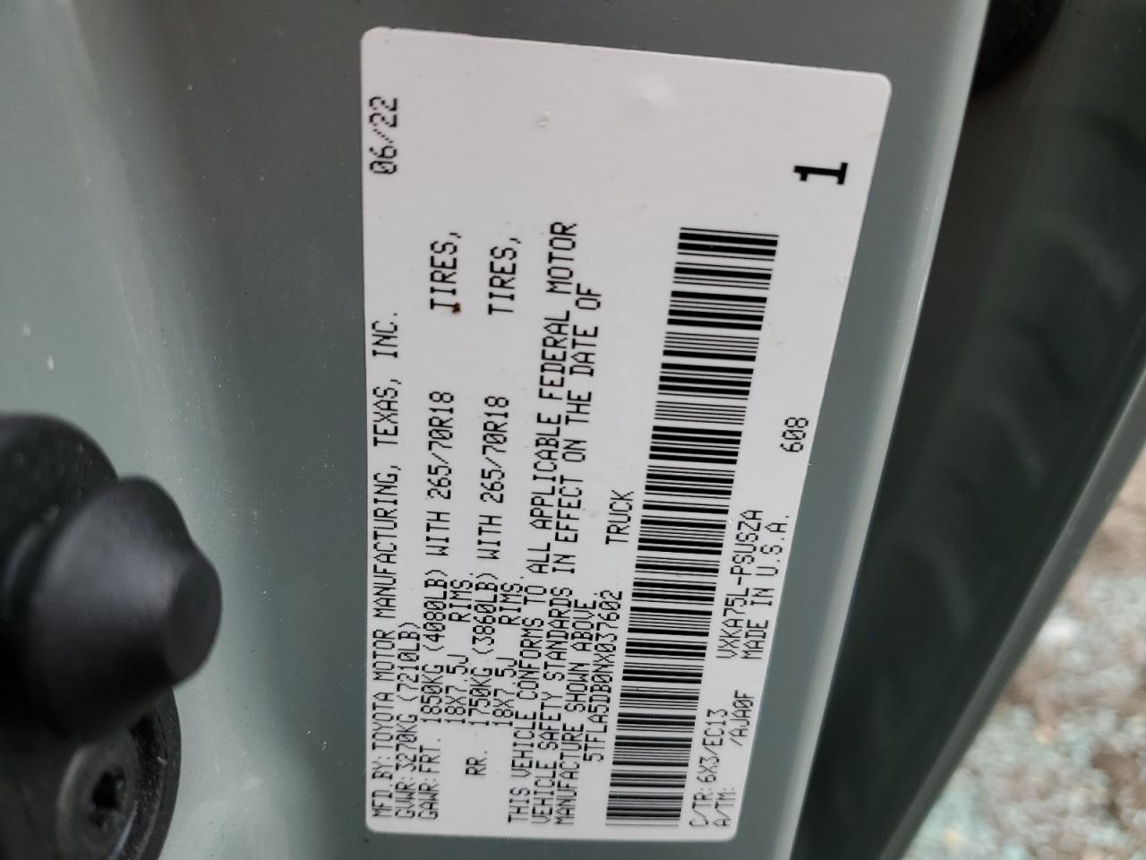 2022 TOYOTA TUNDRA CREWMAX SR VIN:5TFLA5DB0NX037602