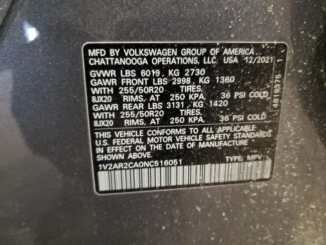2022 VOLKSWAGEN ATLAS SEL R-LINE VIN:1V2AR2CA0NC516051