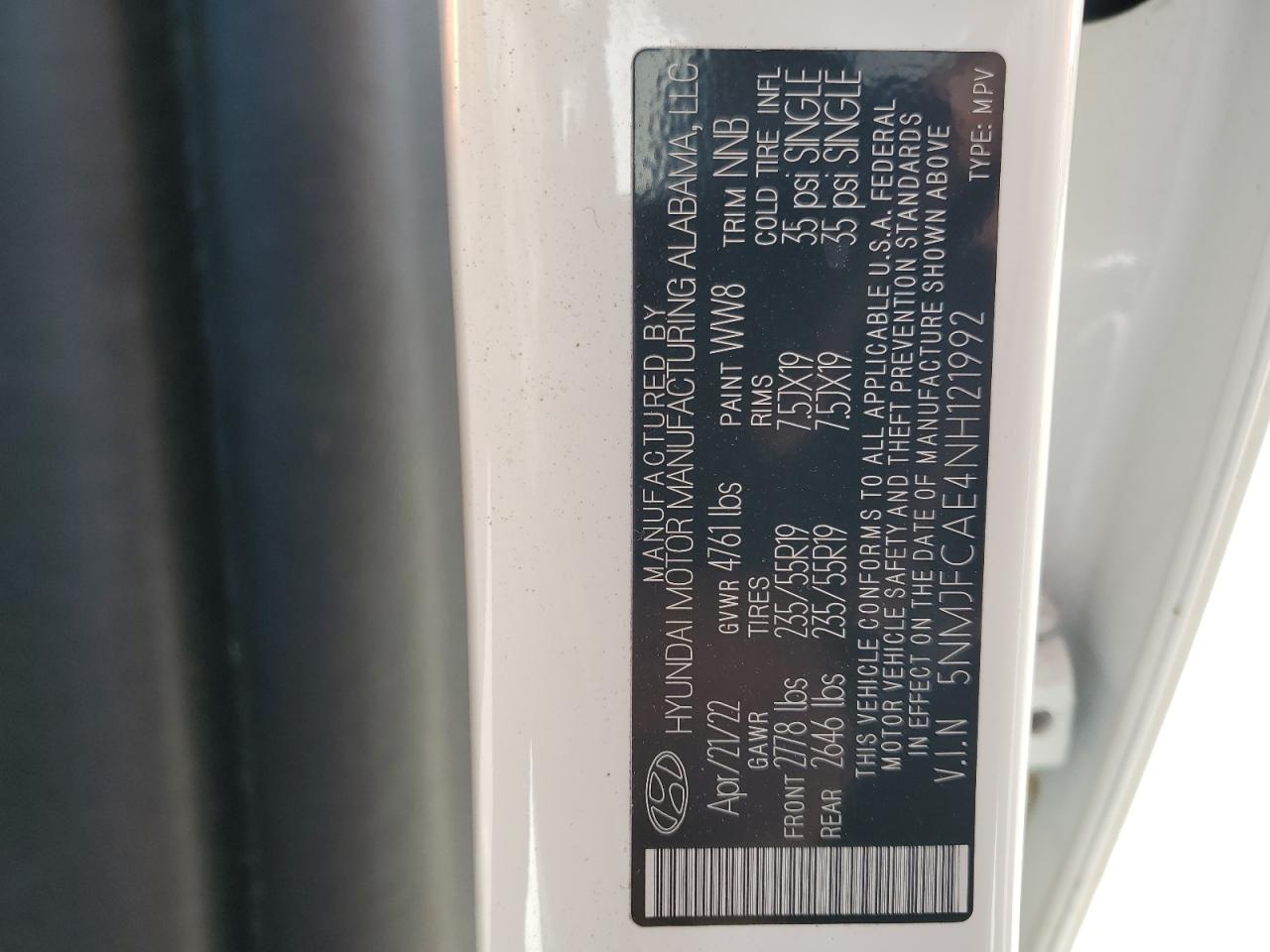 2022 HYUNDAI TUCSON SEL VIN:5NMJFCAE4NH121992