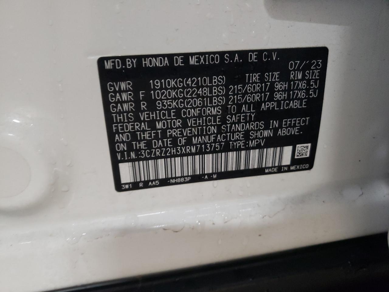 2024 HONDA HR-V LX VIN:3CZRZ2H3XRM713757