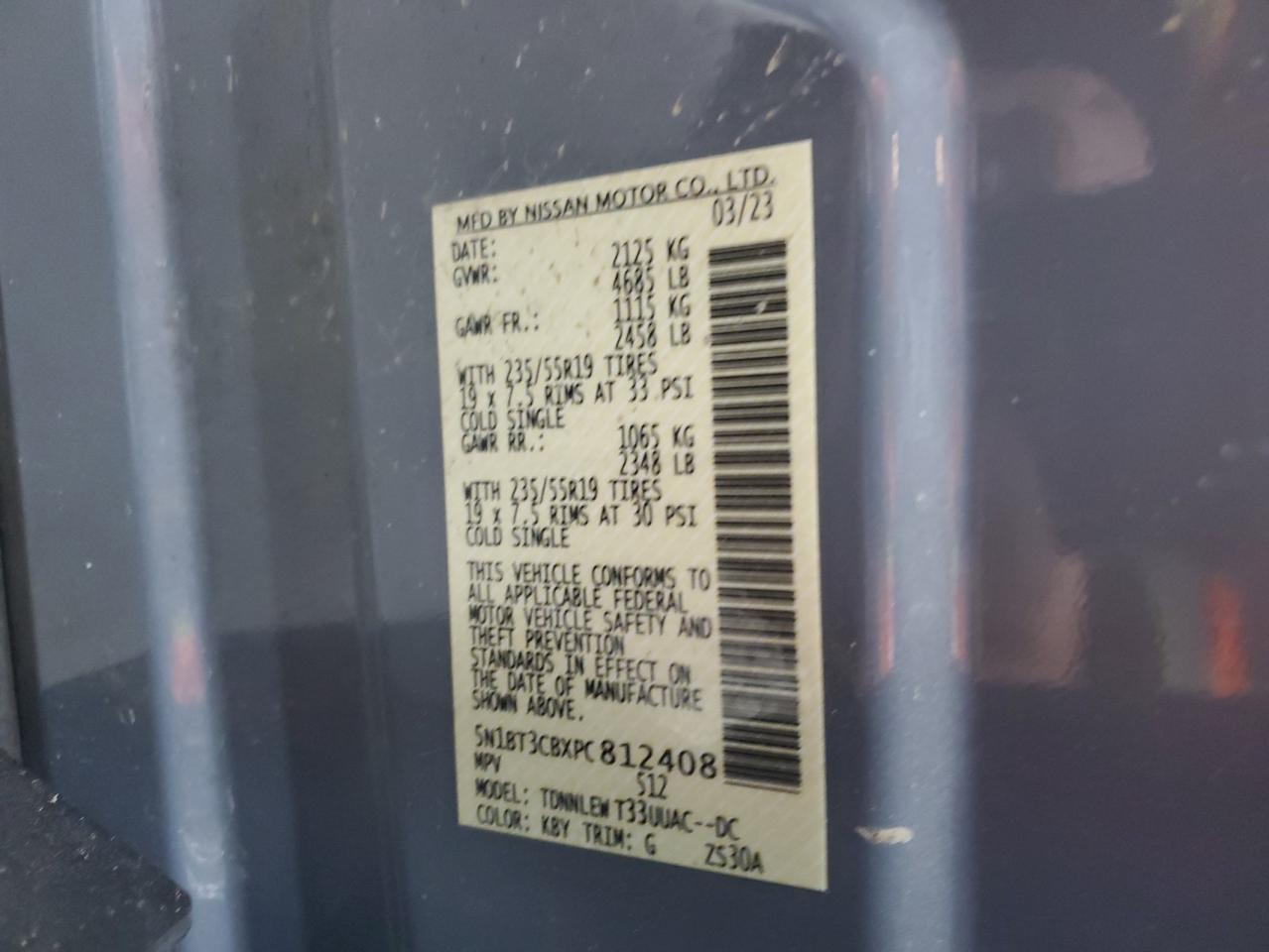 2023 NISSAN ROGUE SL VIN:5N1BT3CBXPC812408