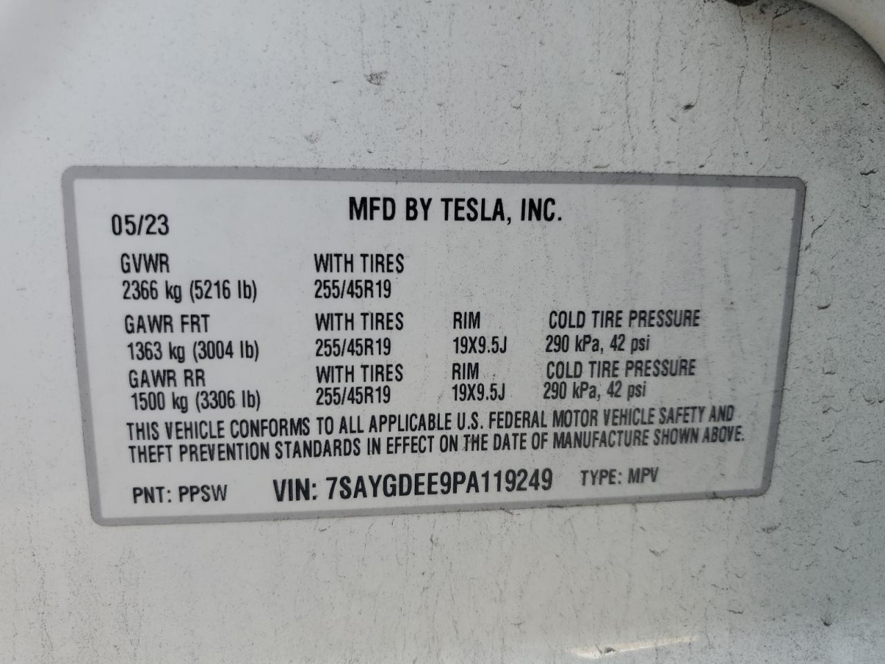 2023 TESLA MODEL Y VIN:7SAYGDEE9PA119249