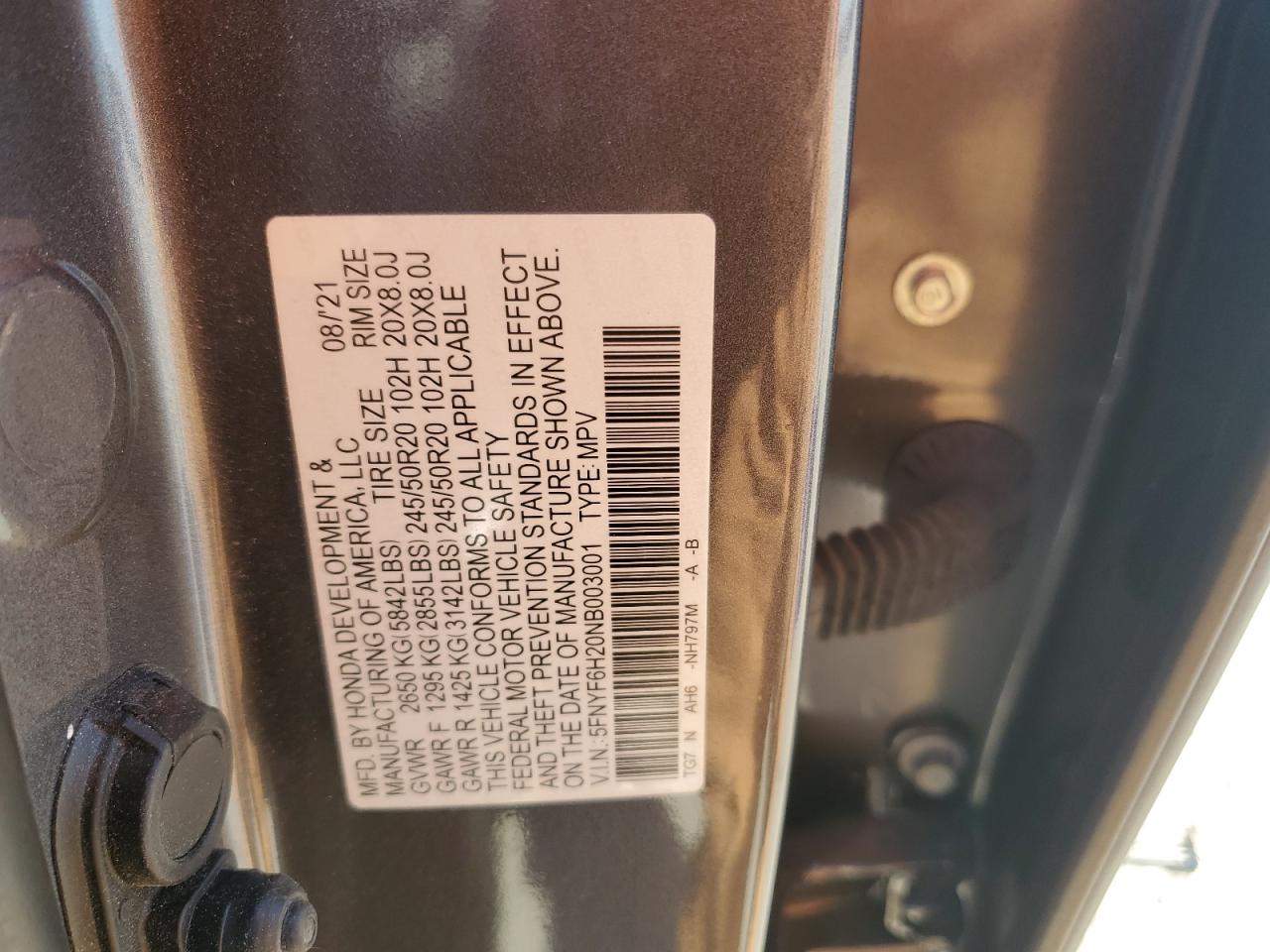 2022 HONDA PILOT SE VIN:5FNYF6H20NB003001