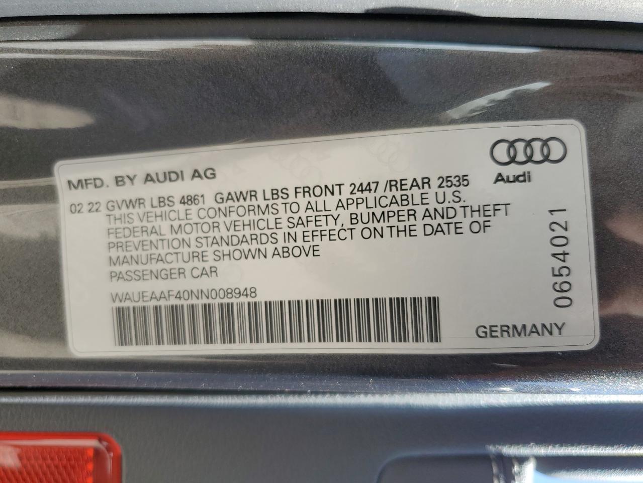 2022 AUDI A4 PREMIUM PLUS 45 VIN:WAUEAAF40NN008948