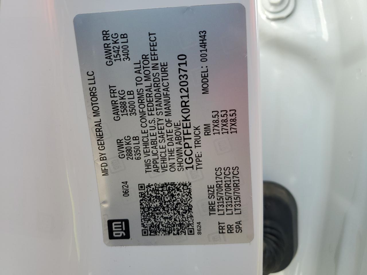 2024 CHEVROLET COLORADO ZR2 VIN:1GCPTFEK0R1203710