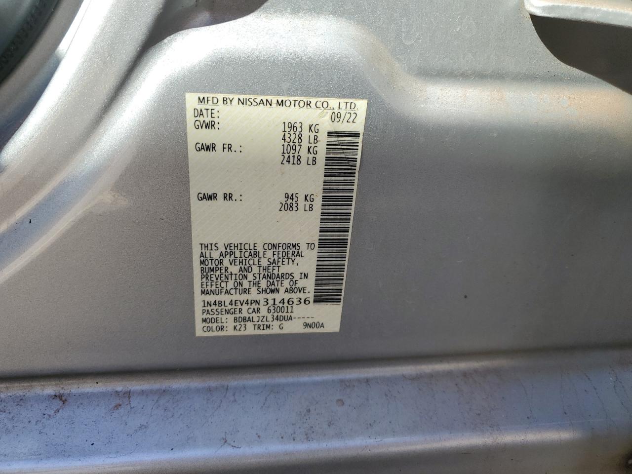 2023 NISSAN ALTIMA SL VIN:1N4BL4EV4PN314636