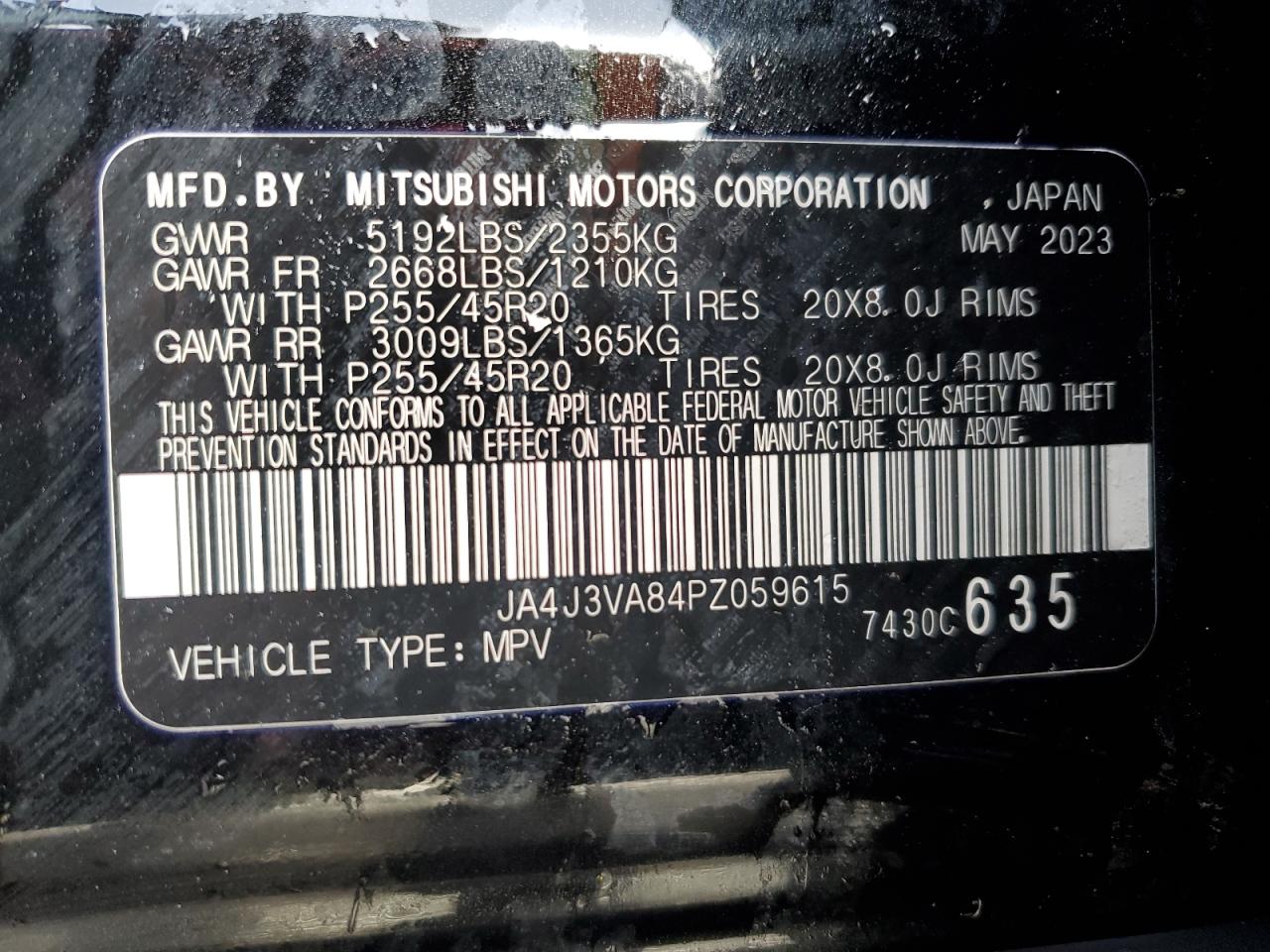 2023 MITSUBISHI OUTLANDER SEL VIN:JA4J3VA84PZ059615