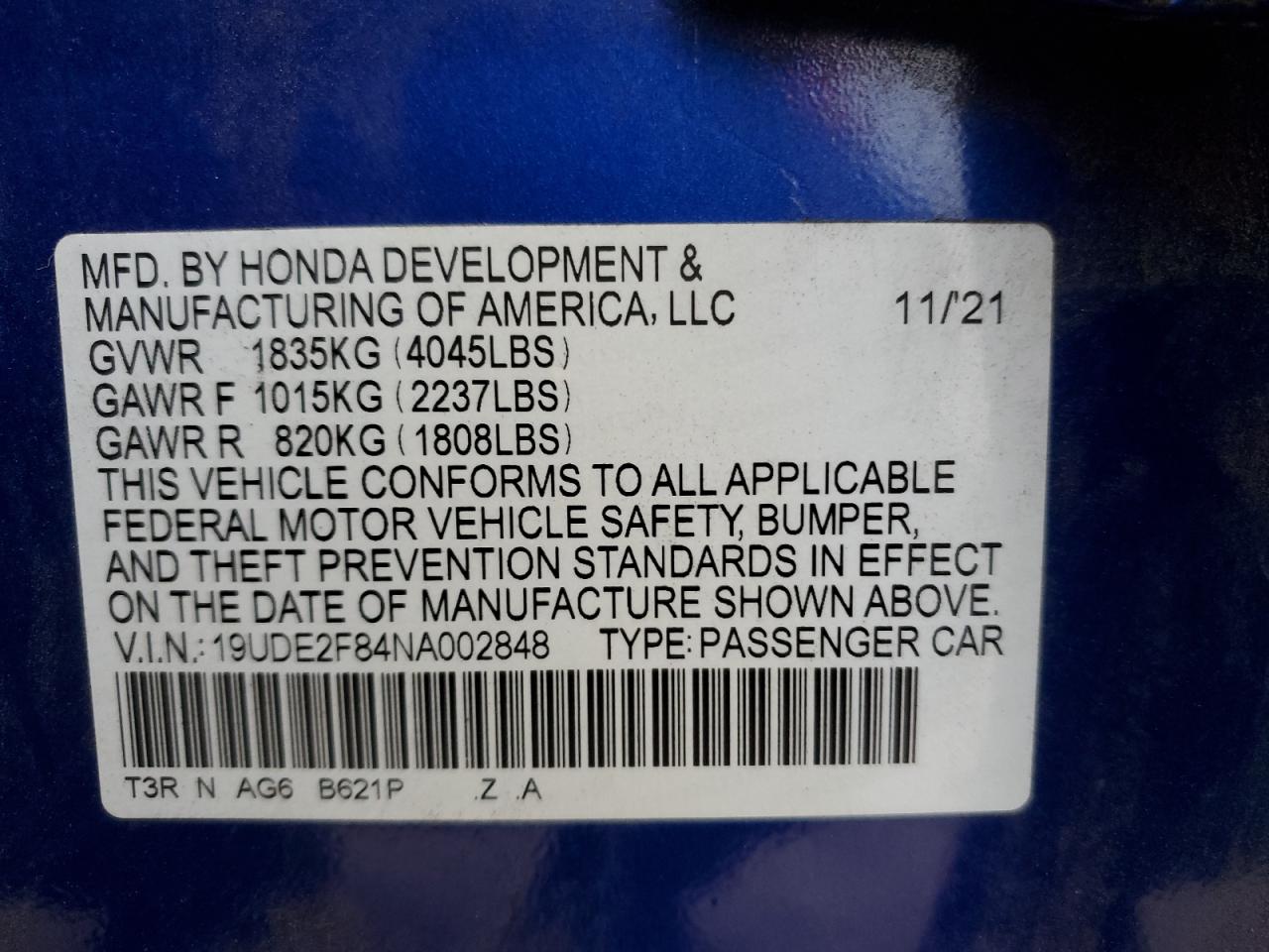 2022 ACURA ILX PREMIUM A-SPEC VIN:19UDE2F84NA002848