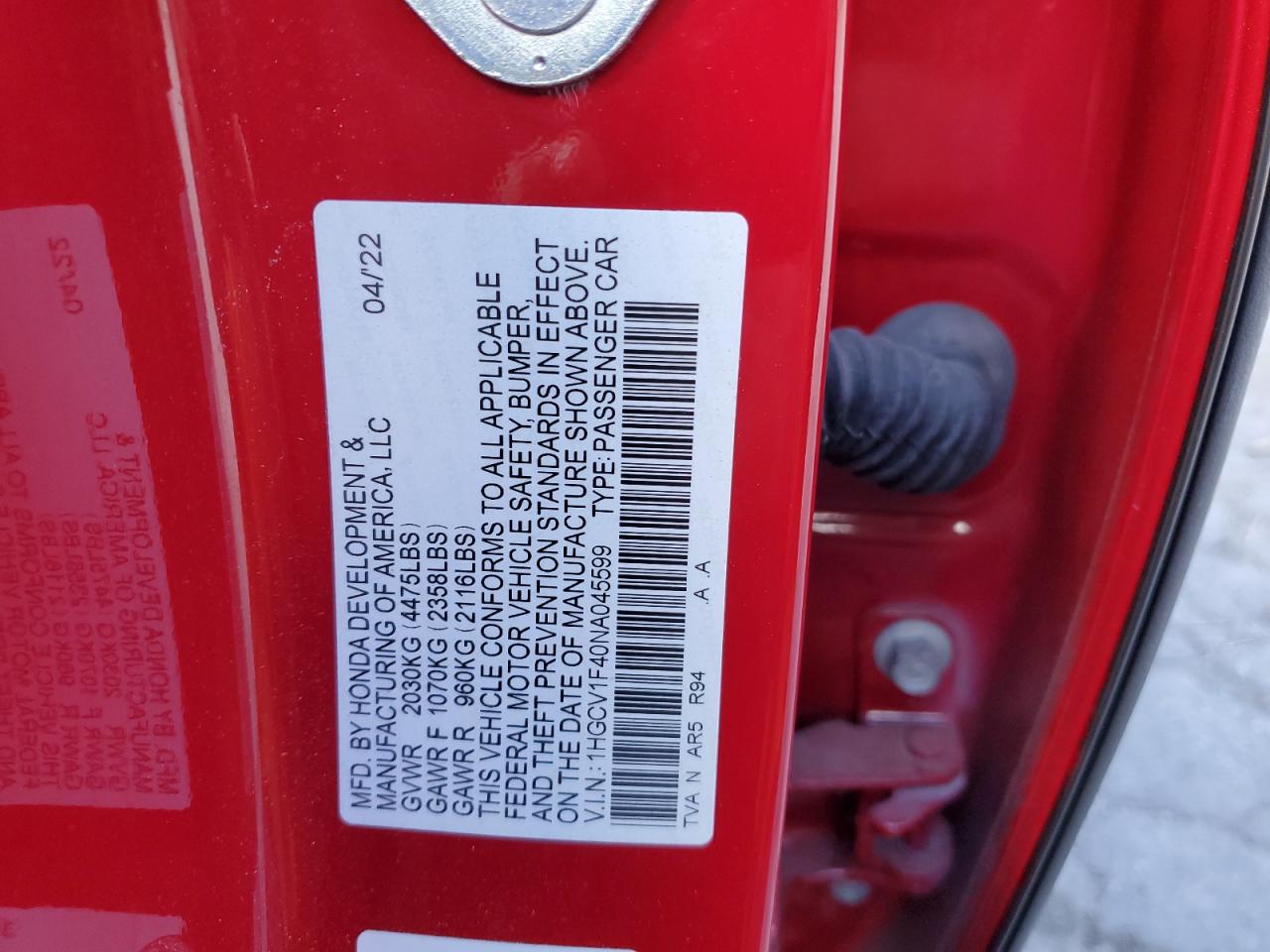 2022 HONDA ACCORD SPORT SE VIN:1HGCV1F40NA045599