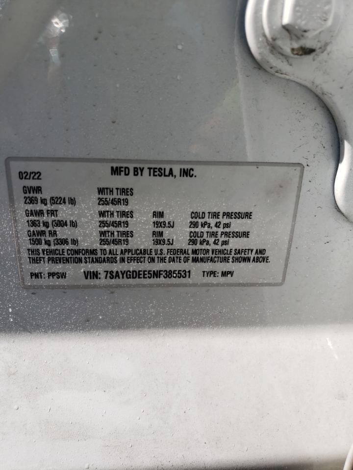 2022 TESLA MODEL Y VIN:WP0AA2A8XNS255297