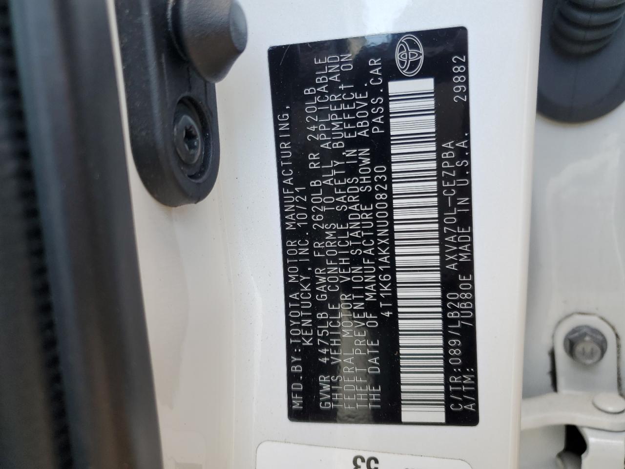2022 TOYOTA CAMRY XSE VIN:4T1K61AKXNU008230