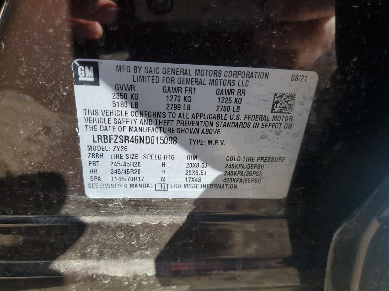 2022 BUICK ENVISION AVENIR VIN:LRBFZSR46ND015098