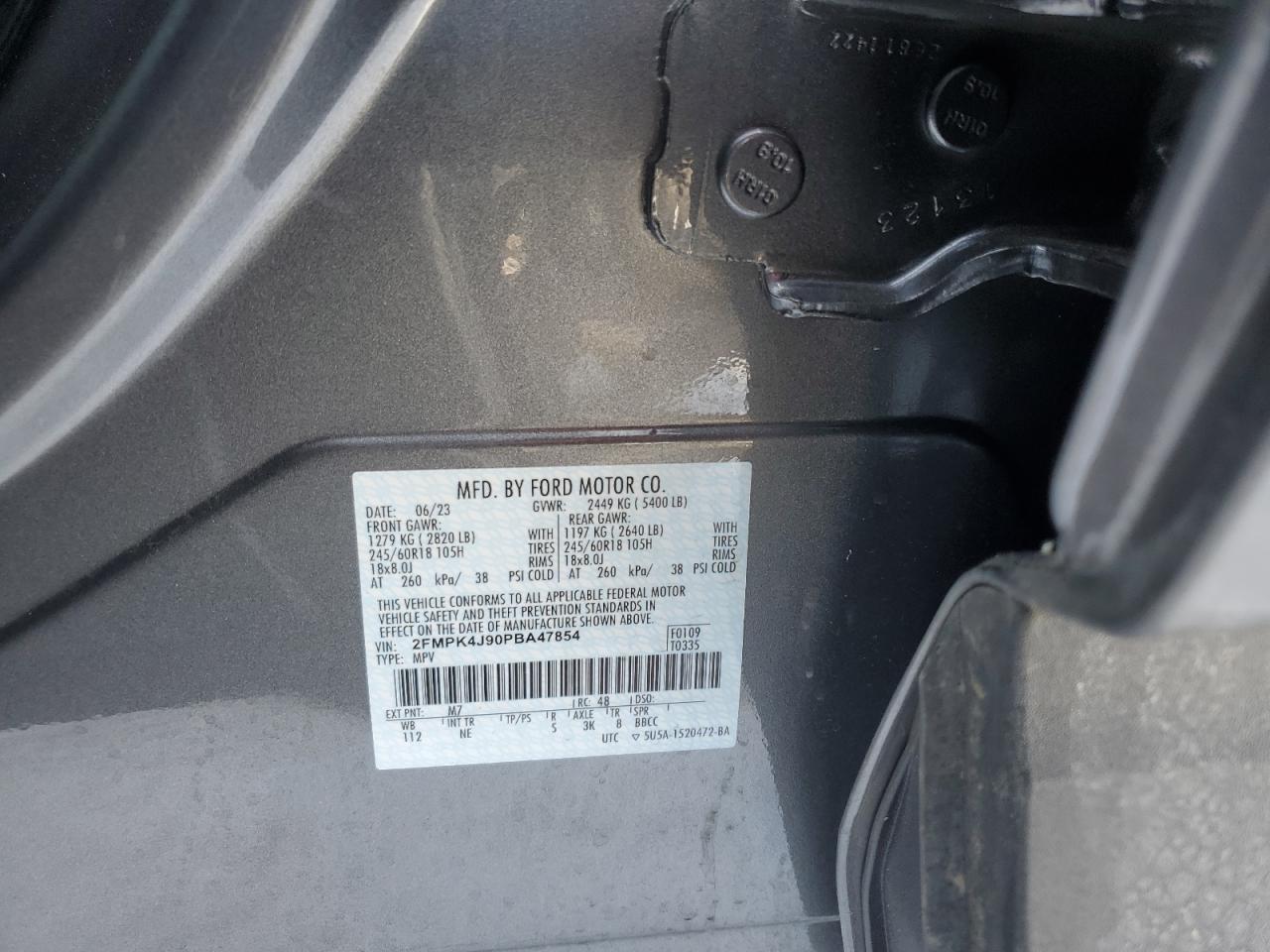 2023 FORD EDGE SEL VIN:2FMPK4J90PBA47854