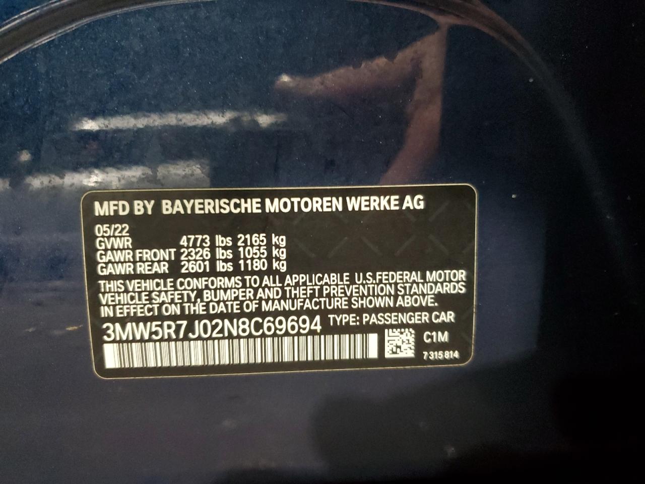 2022 BMW 330XI VIN:3MW5R7J02N8C69694