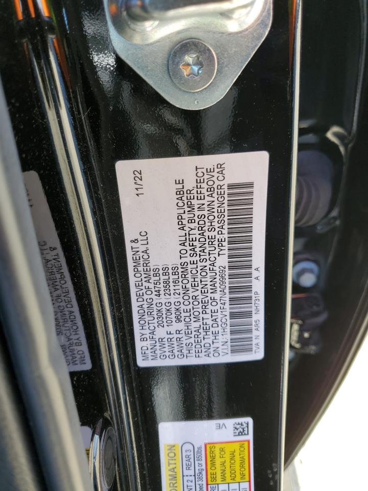 2022 HONDA ACCORD SPORT SE VIN:1HGCV1F47NA099692