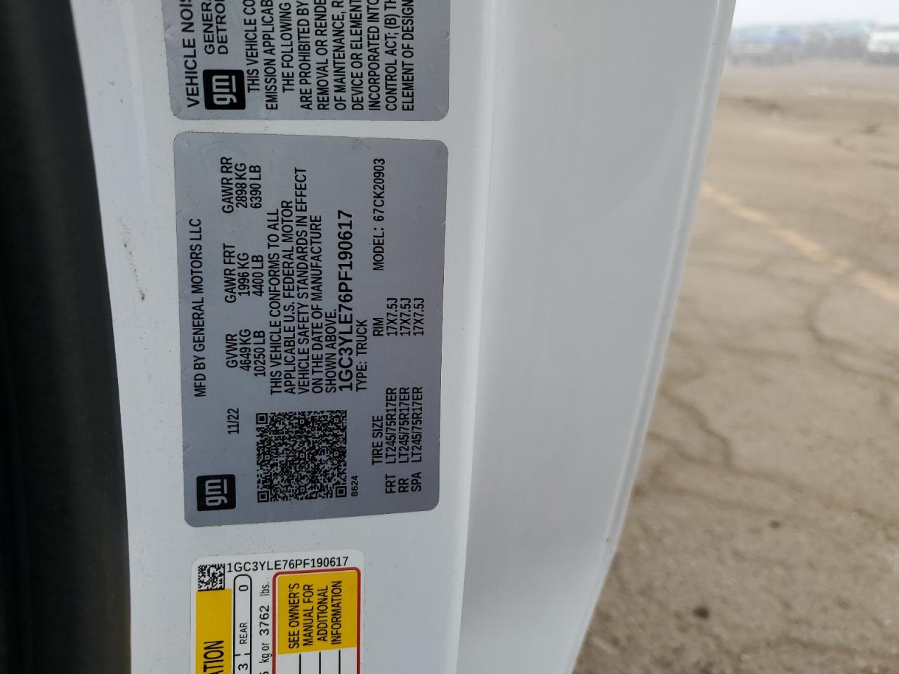 2023 CHEVROLET SILVERADO K2500 HEAVY DUTY VIN:1GC3YLE76PF190617