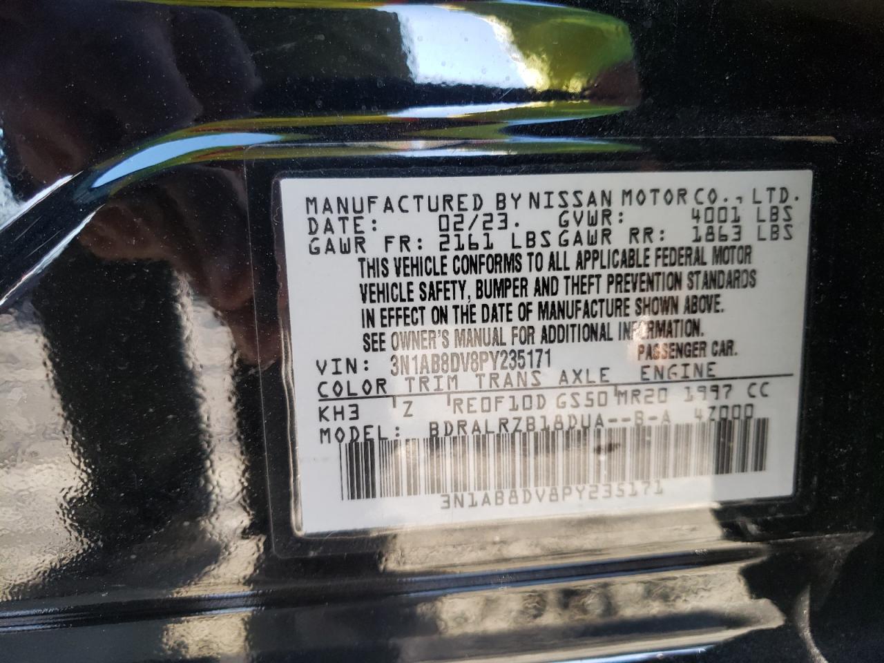 2023 NISSAN SENTRA SR VIN:3N1AB8DV8PY235171