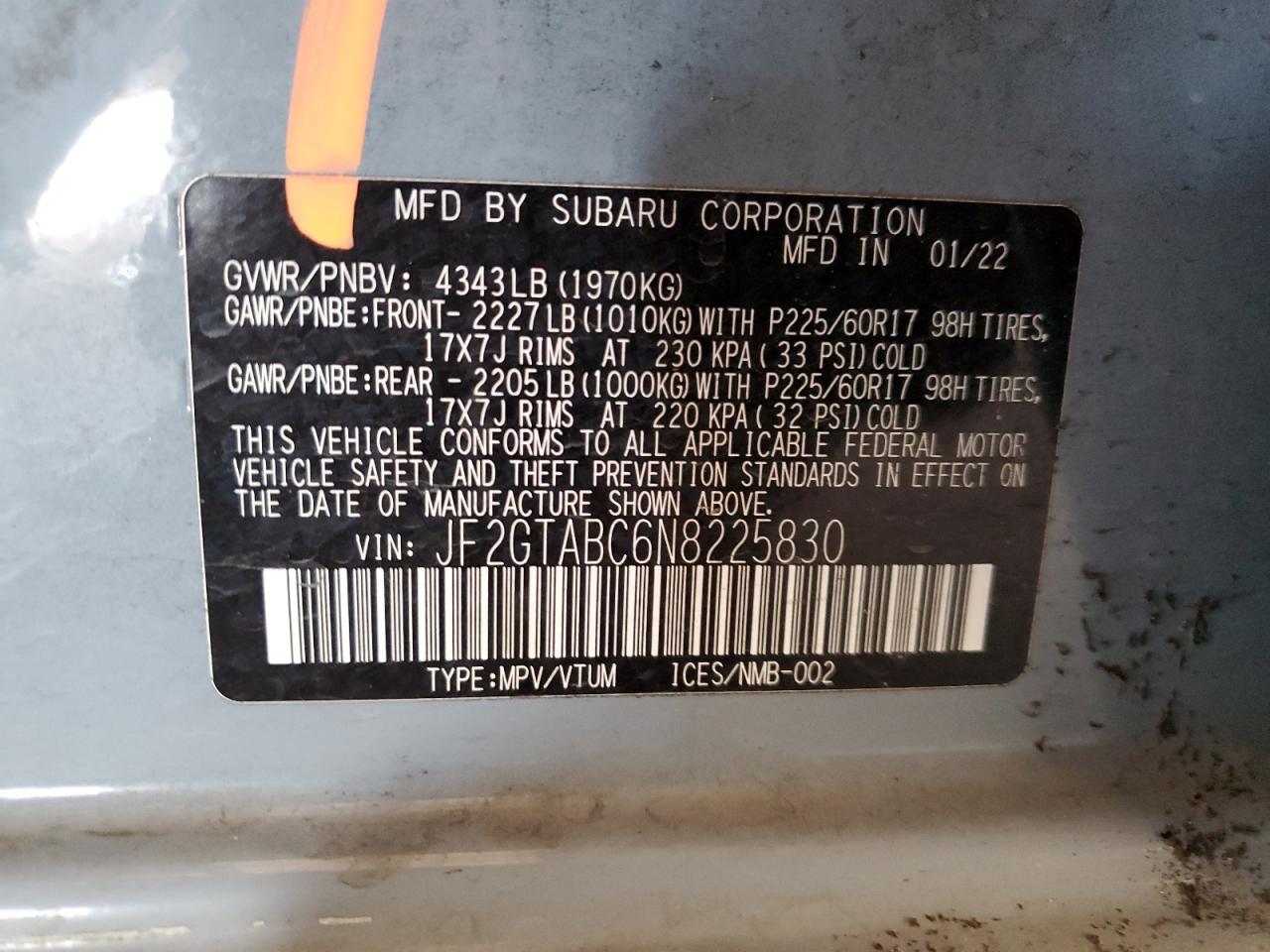 2022 SUBARU CROSSTREK VIN:JF2GTABC6N8225830