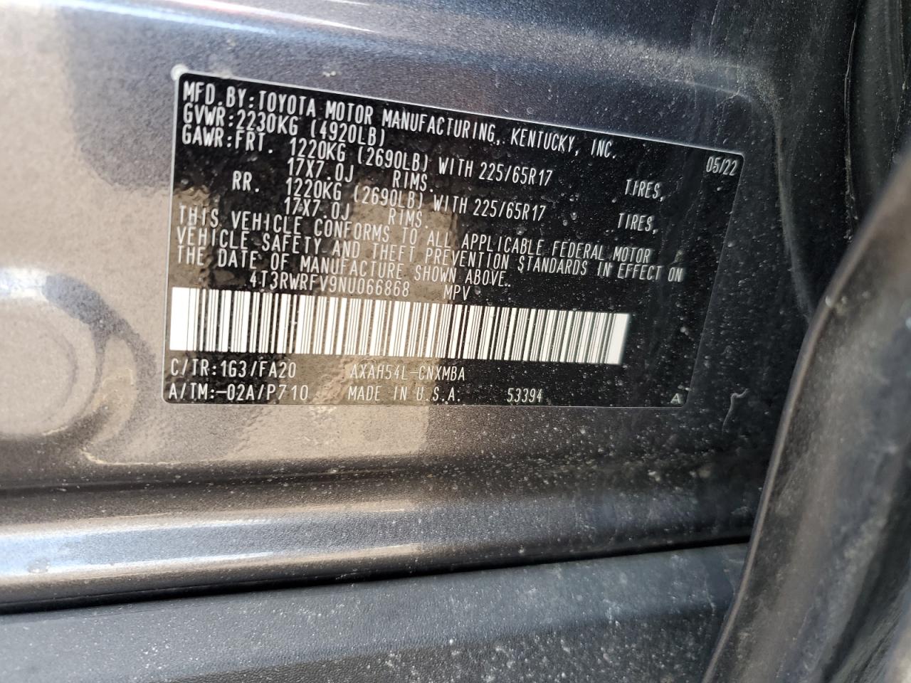 2022 TOYOTA RAV4 XLE VIN:4T3RWRFV9NU066868