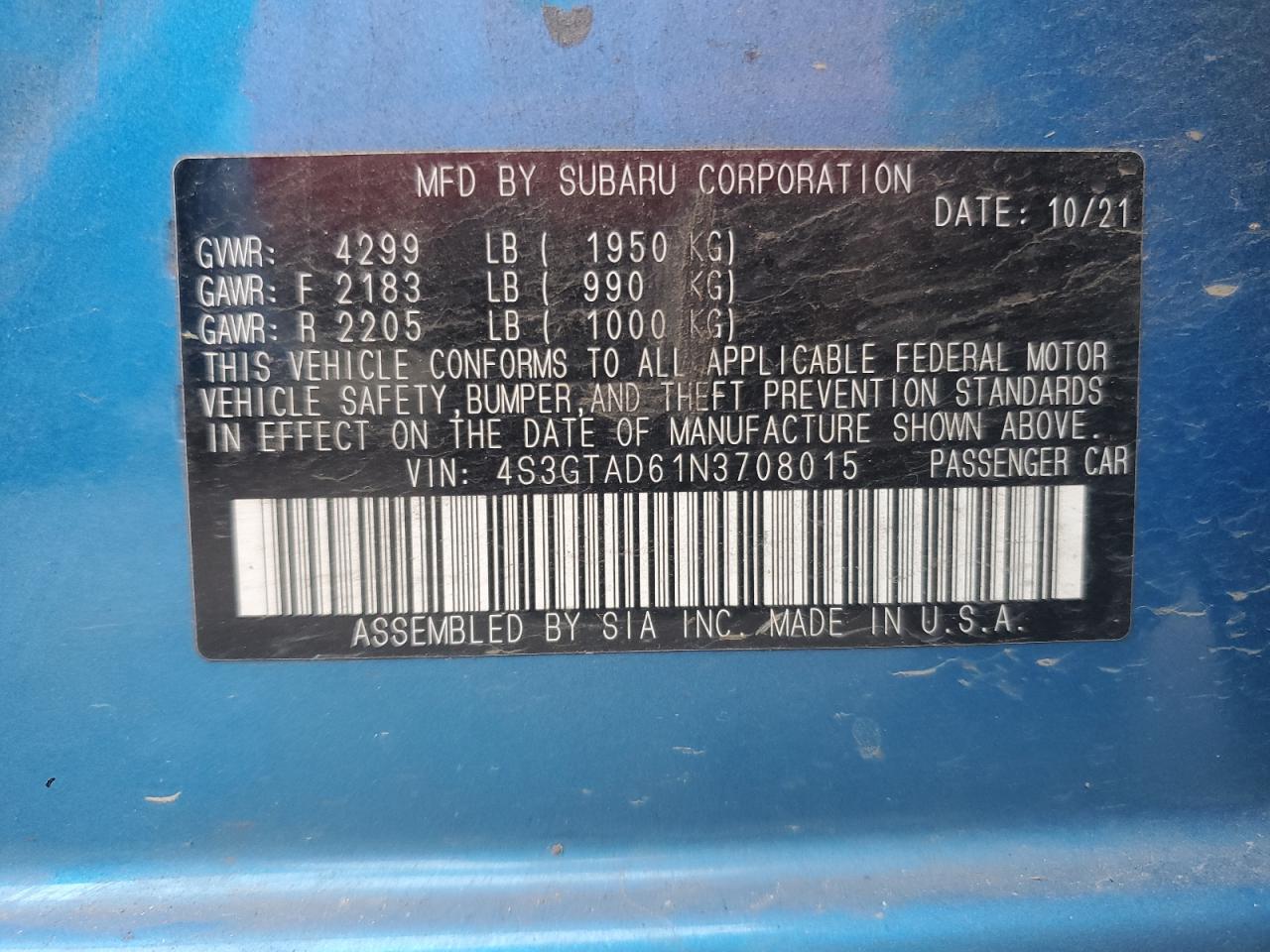 2022 SUBARU IMPREZA PREMIUM VIN:4S3GTAD61N3708015