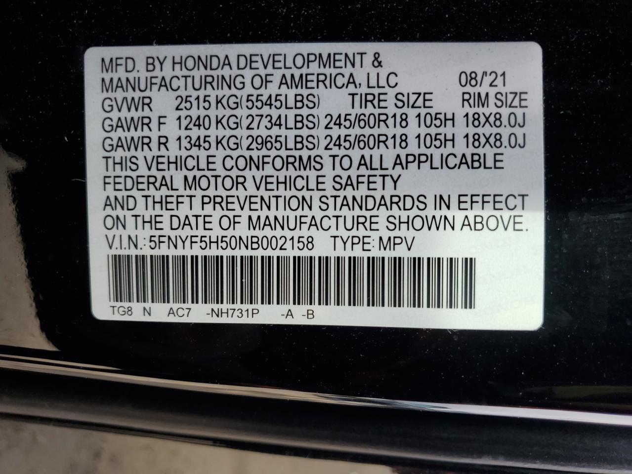 2022 HONDA PILOT EXL VIN:5FNYF5H50NB002158