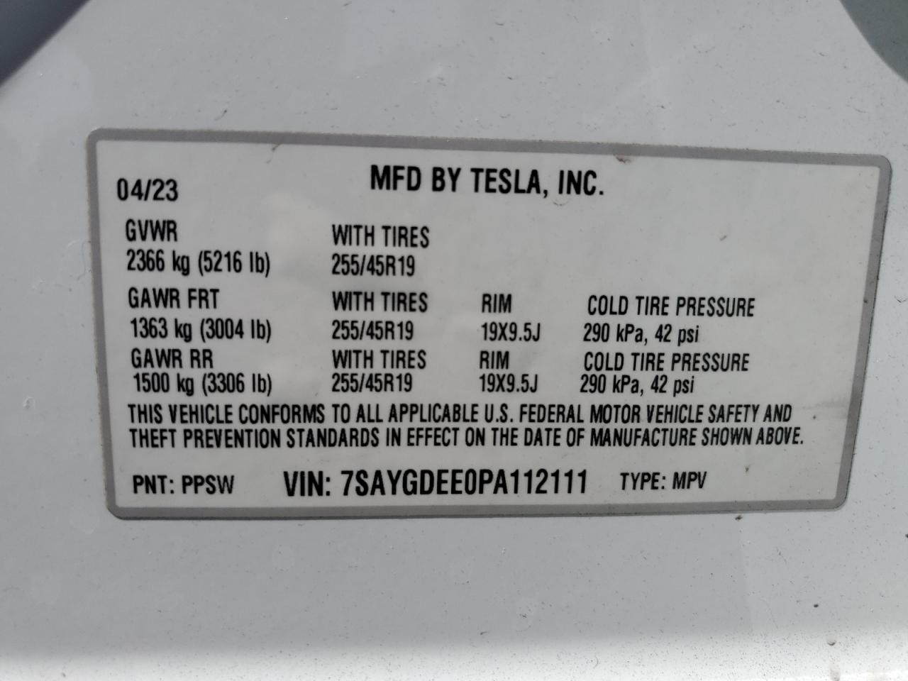 2023 TESLA MODEL Y VIN:7SAYGDEE0PA112111