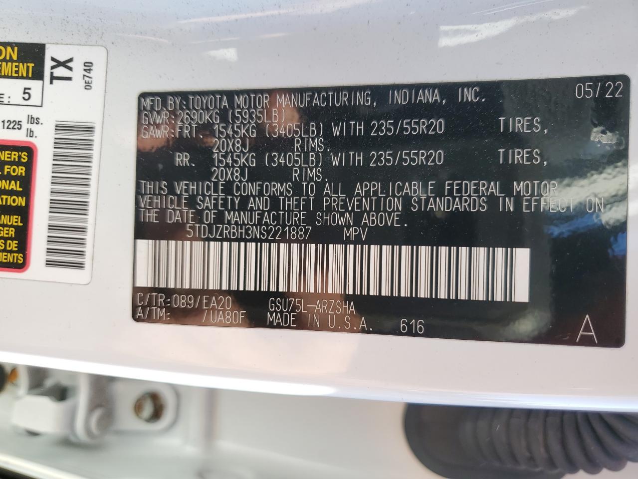 2022 TOYOTA HIGHLANDER XSE VIN:5TDJZRBH3NS221887