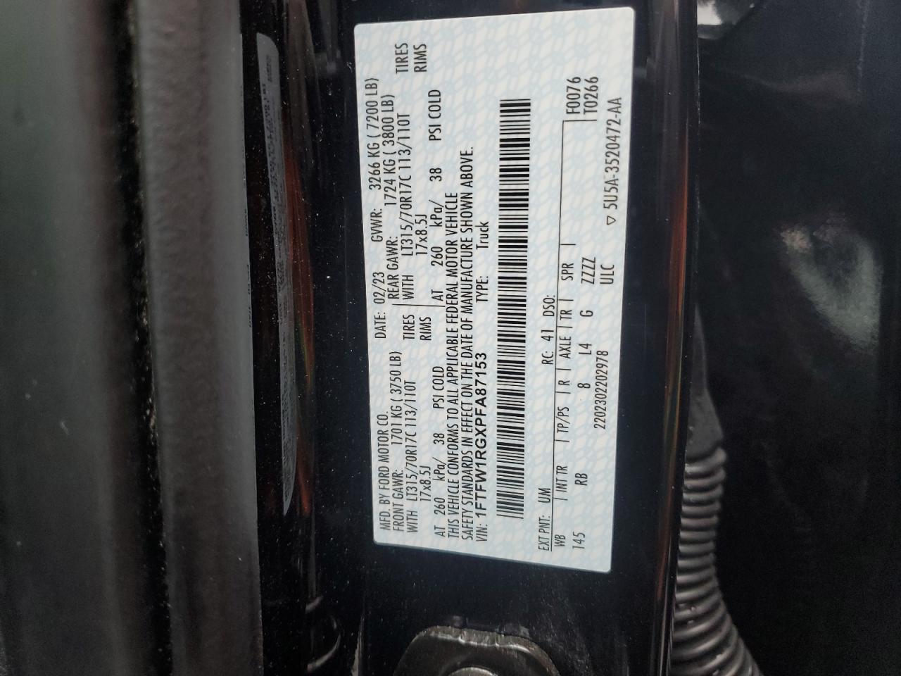 2023 FORD F150 RAPTOR VIN:1FTFW1RGXPFA87153