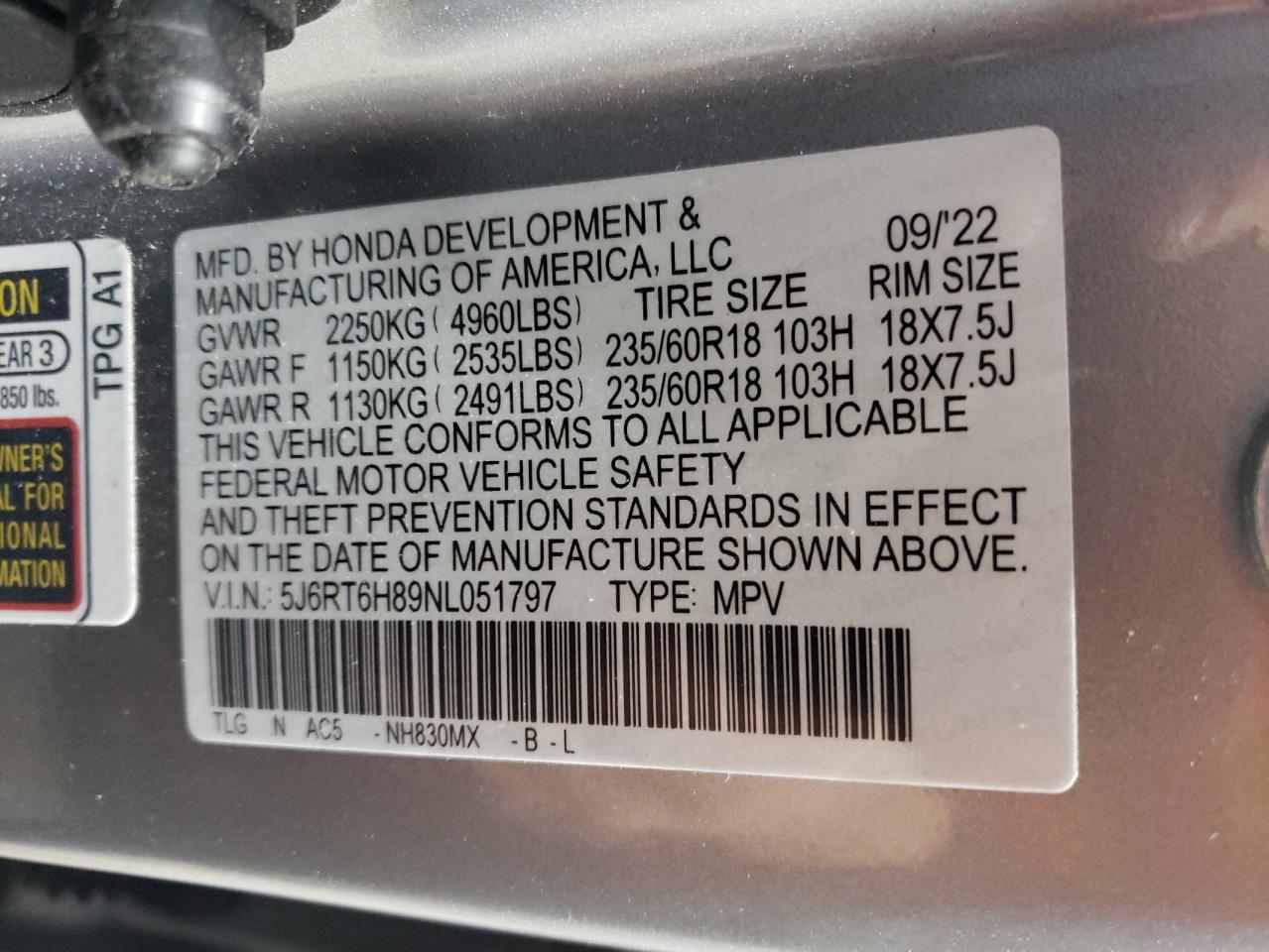 2022 HONDA CR-V EXL VIN:5J6RT6H89NL051797