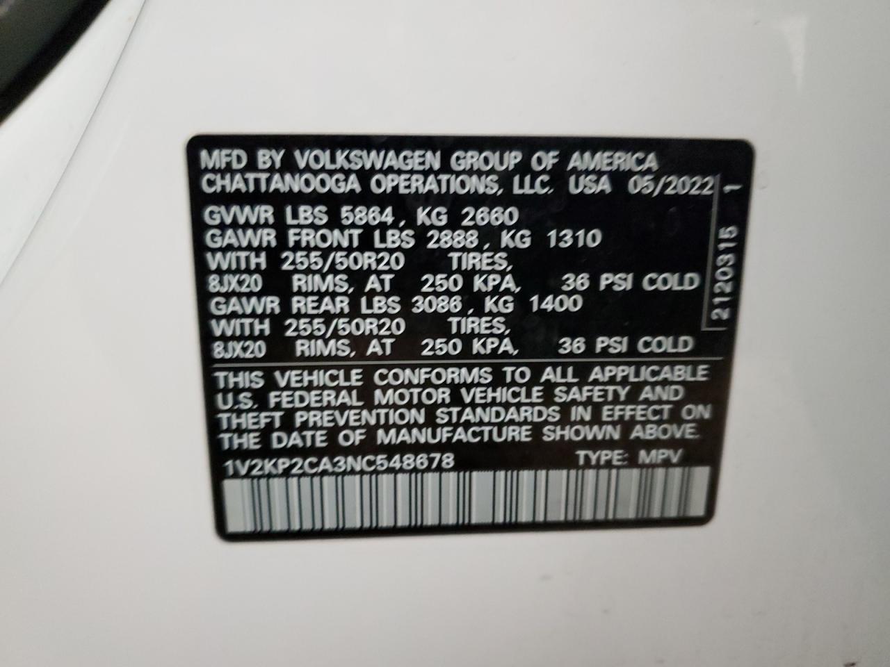 2022 VOLKSWAGEN ATLAS SE VIN:1V2KP2CA3NC548678