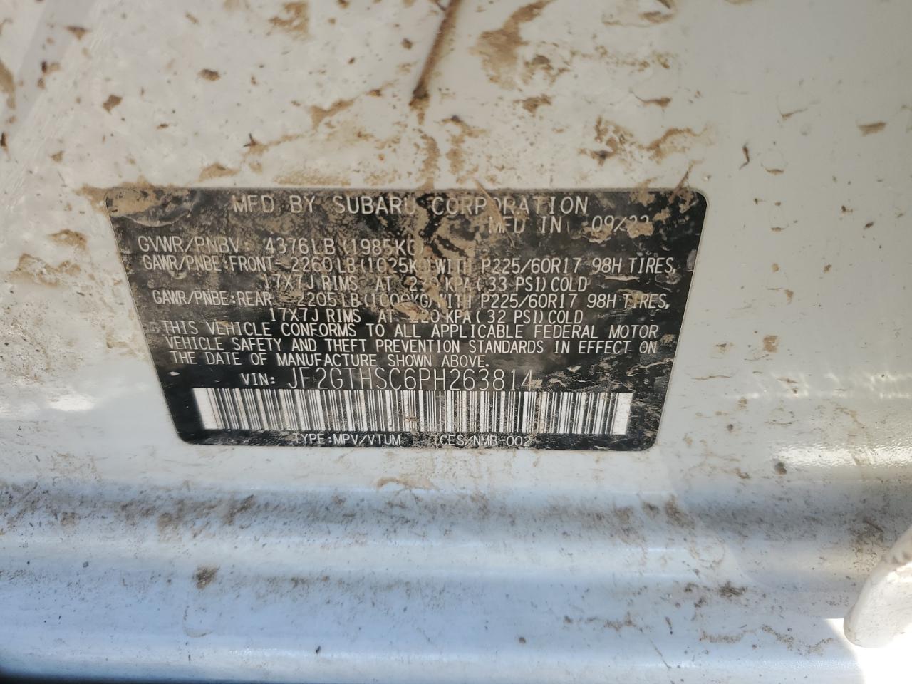 2023 SUBARU CROSSTREK SPORT VIN:JF2GTHSC6PH263814