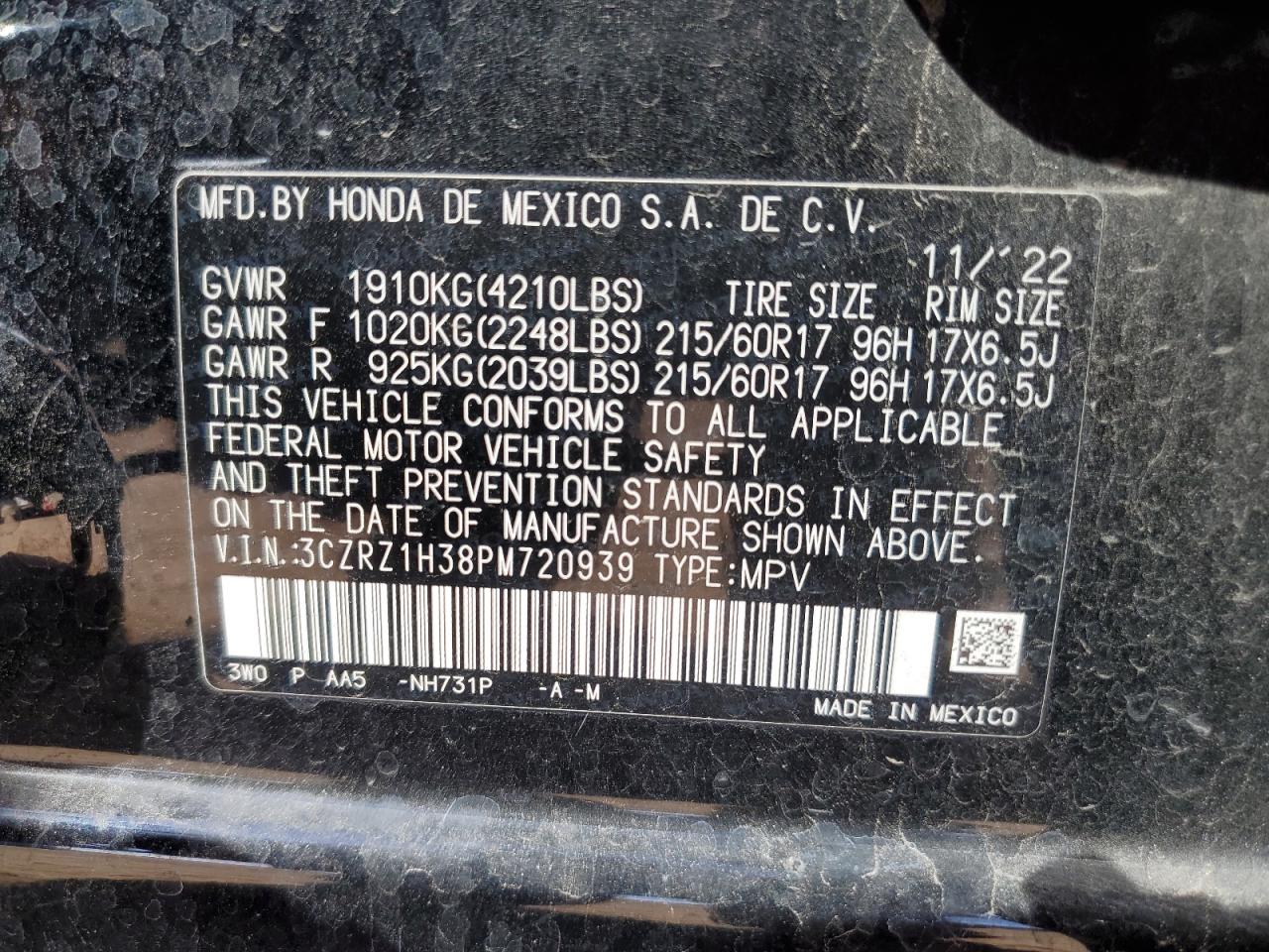 2023 HONDA HR-V LX VIN:3CZRZ1H38PM720939