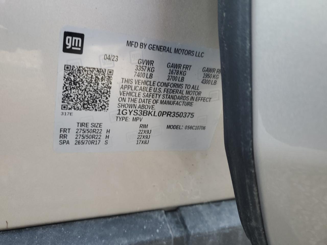 2023 CADILLAC ESCALADE PREMIUM LUXURY VIN:1GYS3BKL0PR350375