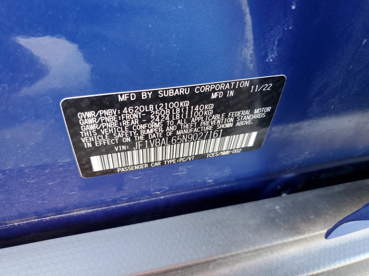 2022 SUBARU WRX LIMITED VIN:JF1VBAL65N9027161