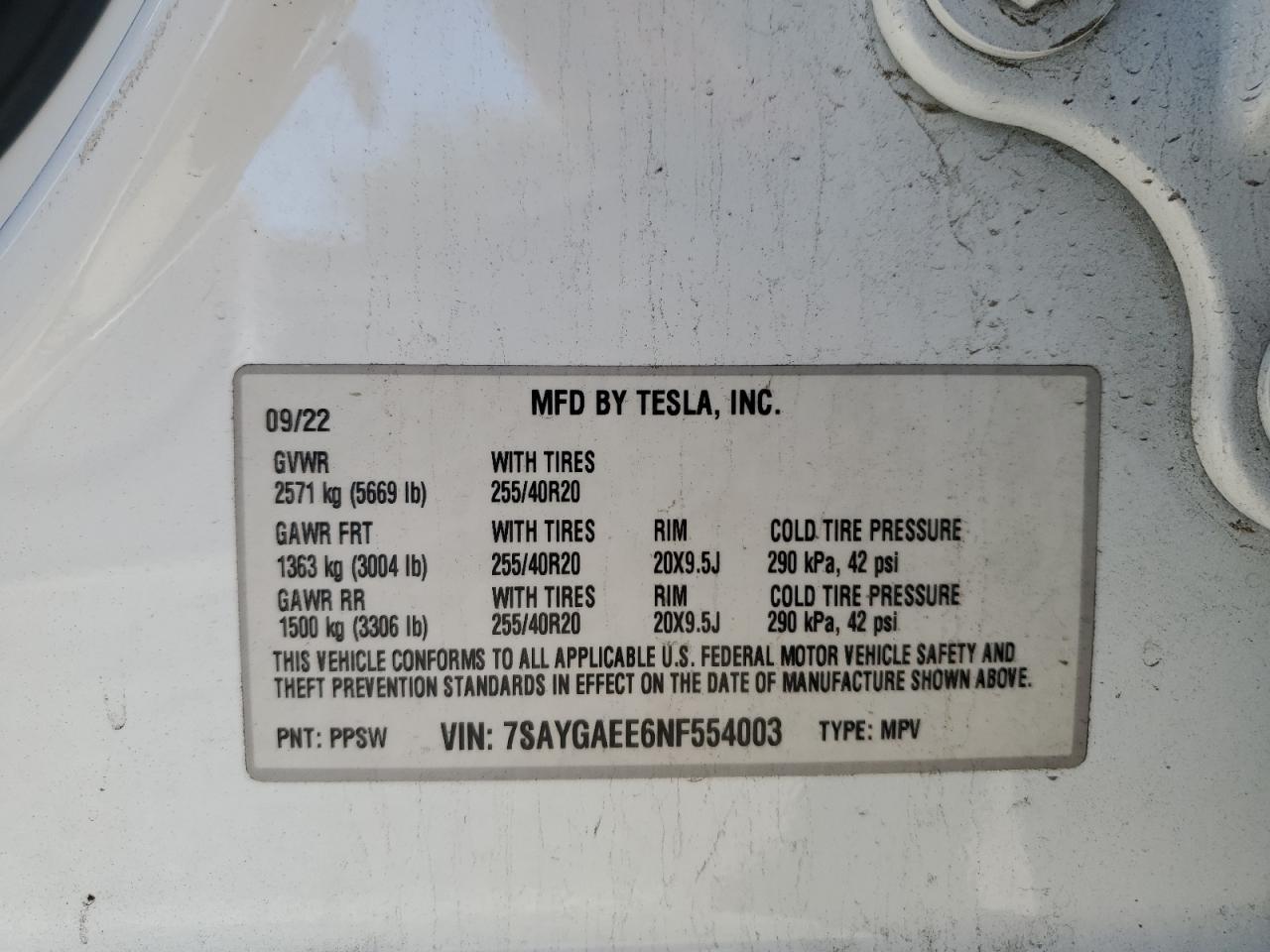 2022 TESLA MODEL Y VIN:7SAYGAEE6NF554003