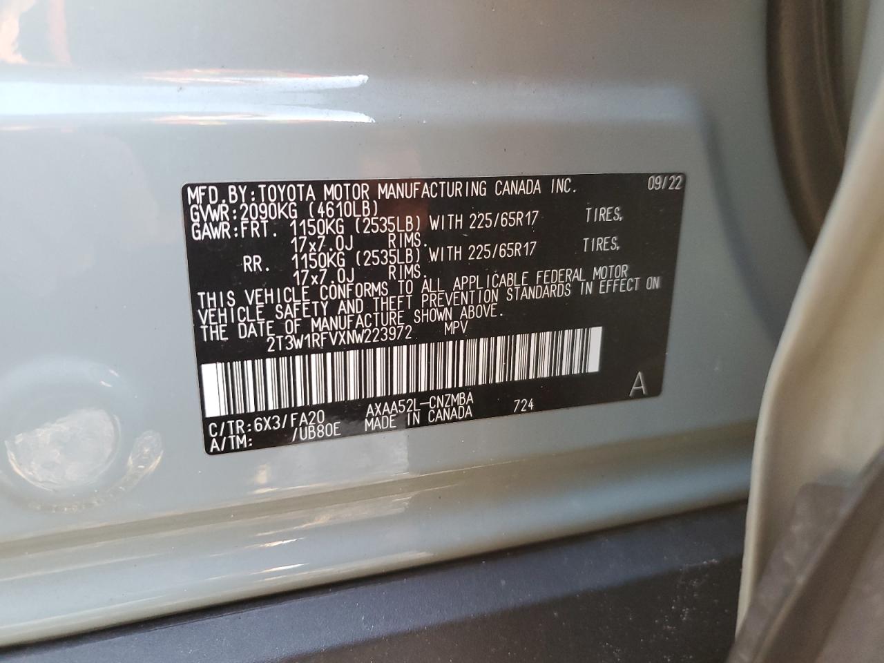 2022 TOYOTA RAV4 XLE VIN:2T3W1RFVXNW223972