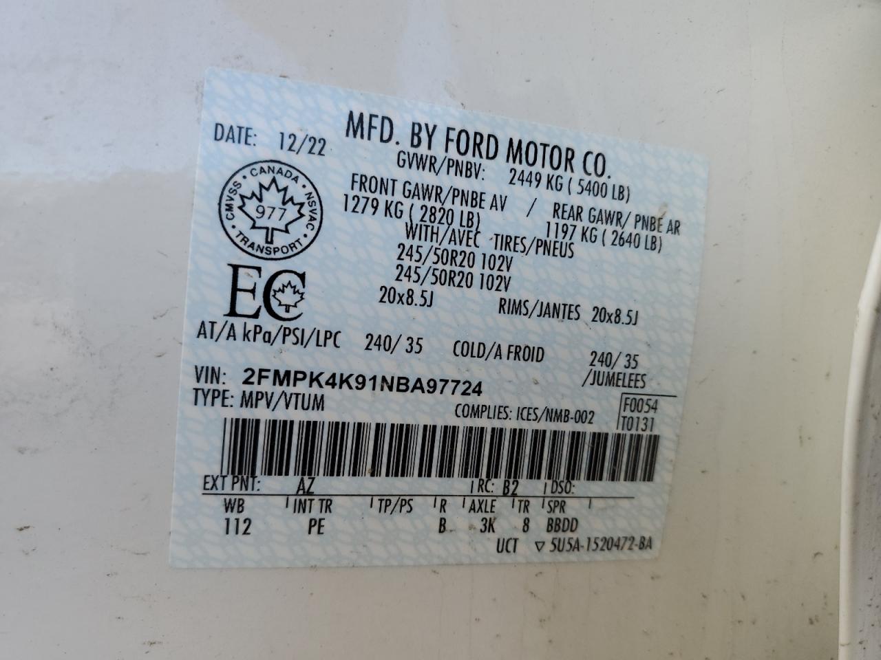 2022 FORD EDGE TITANIUM VIN:2FMPK4K91NBA97724