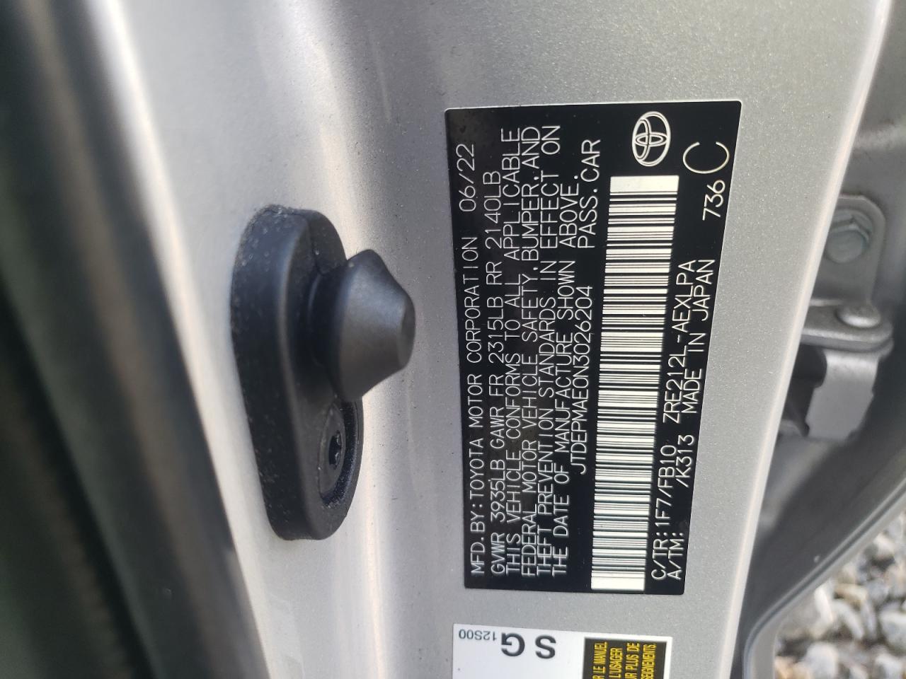 2022 TOYOTA COROLLA LE VIN:JTDEPMAE0N3026204