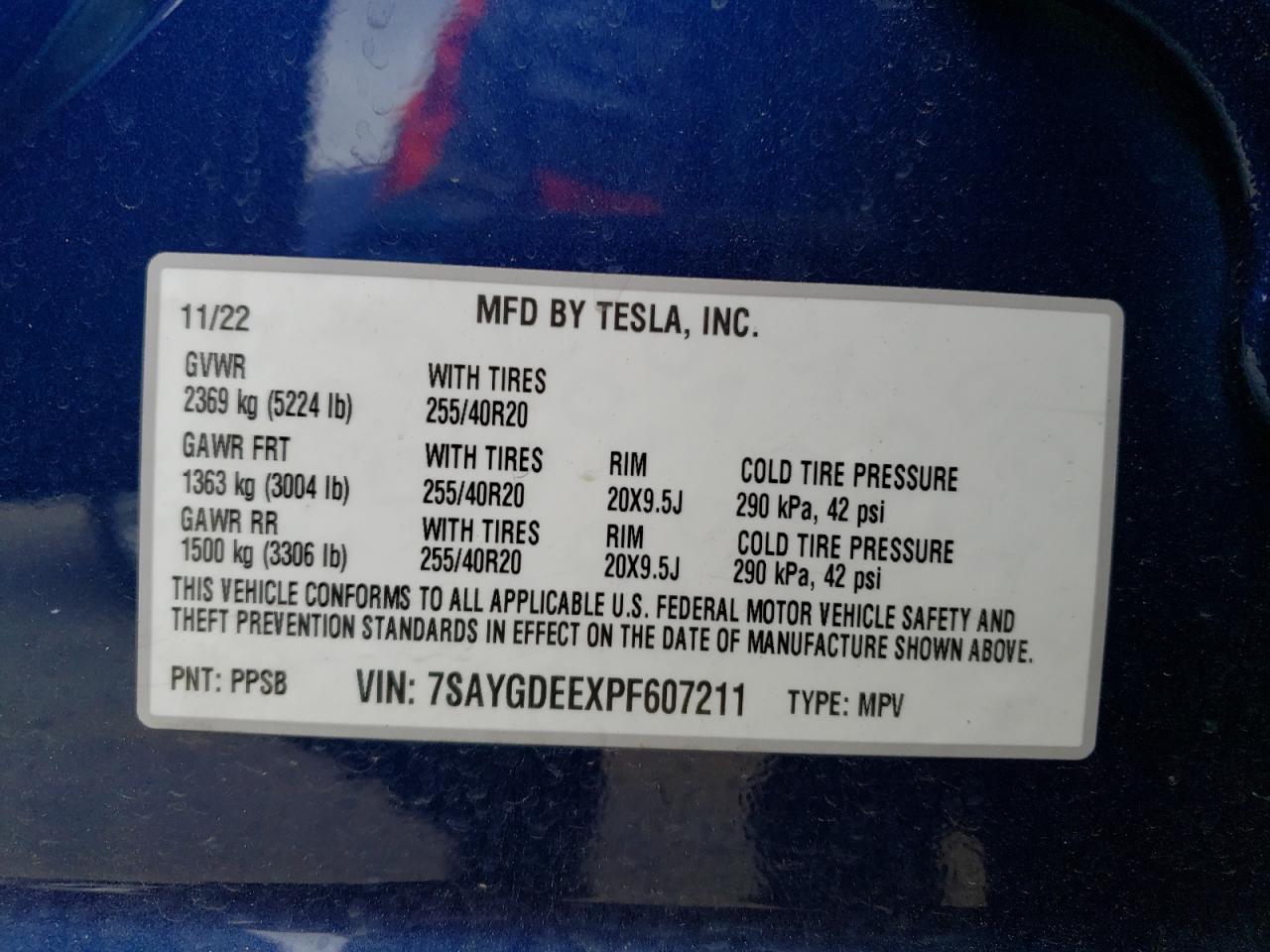 2023 TESLA MODEL Y VIN:7SAYGDEEXPF607211