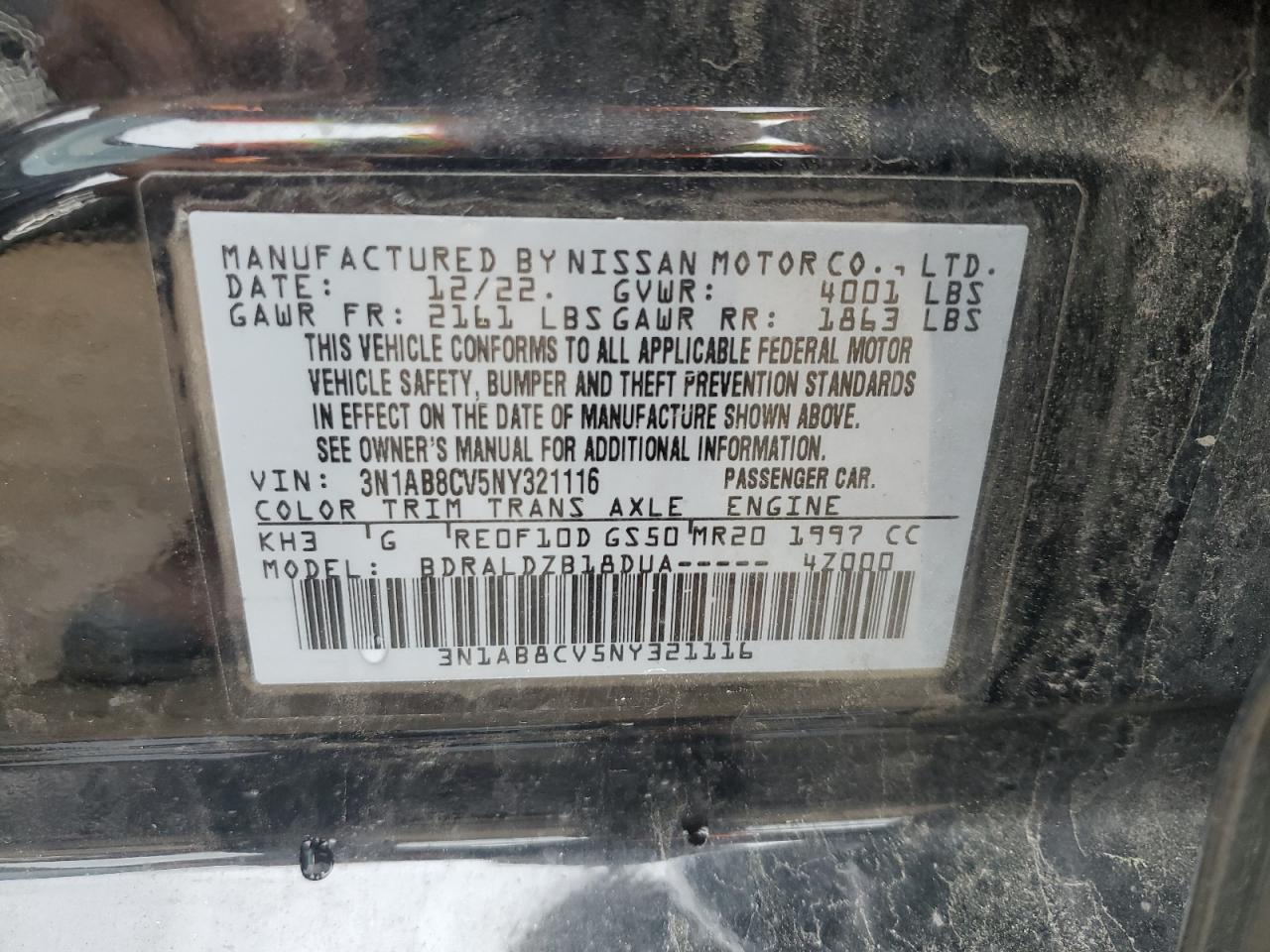 2022 NISSAN SENTRA SV VIN:3N1AB8CV5NY321116