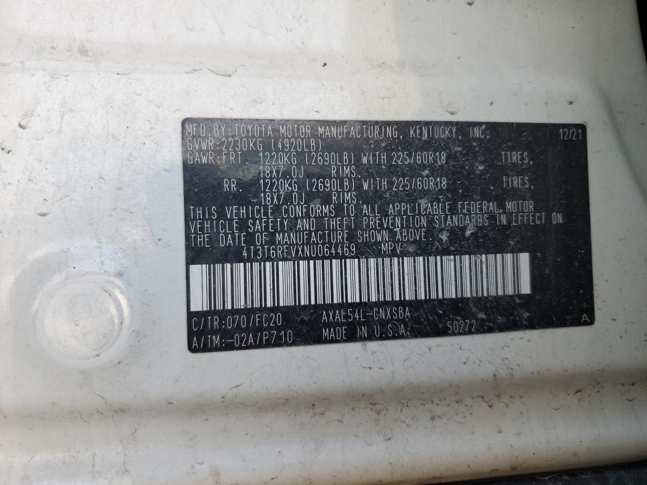 2022 TOYOTA RAV4 SE VIN:4T3T6RFVXNU064469